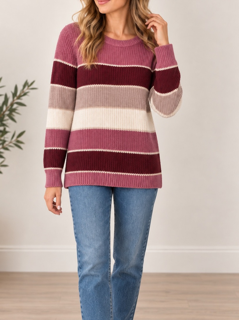 Pink Clover Striped Knit Sweater Women’s Small Mauve Burgundy Cream